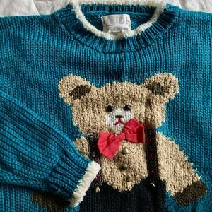 Vtg 90s Heidi Hand Knit Crew Sweater Christmas Teddy Bear 3D Teal Green Womens M